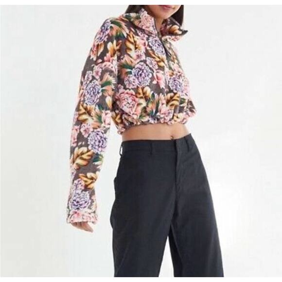 Urban‎ Outfitters Angela Cozy Floral Fleece Quarter Zip Pullover Size Medium - Picture 1 of 12